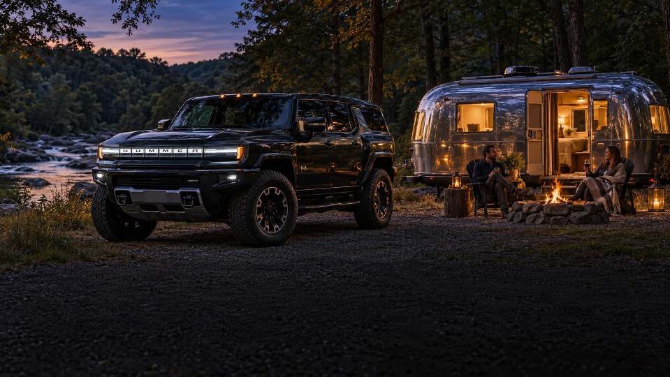 A HUMMER EV beside a vintage Airstream and campfire on the river at dusk