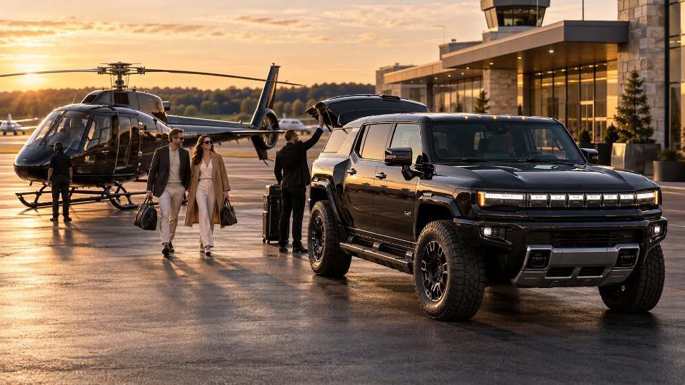 Passengers step from a helicopter to a waiting HUMMER EV at Westchester County Airport