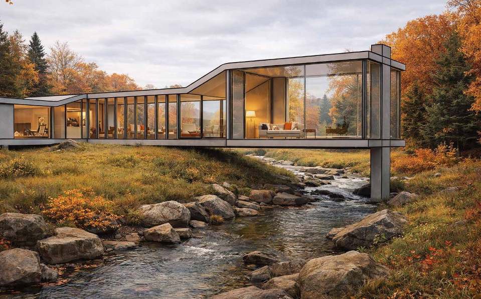 A glass-walled contemporary home set into autumn woodland at Mianusphere