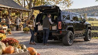 Loading market produce into the back of a HUMMER EV