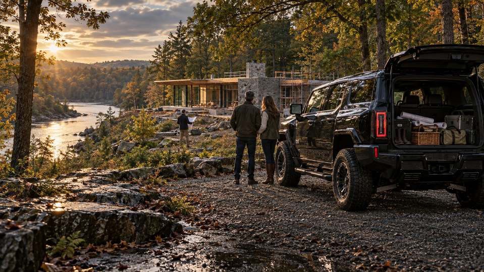 A couple walks toward a home under construction above the river, a HUMMER EV loaded with gear beside them