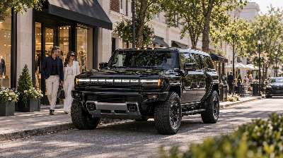 A HUMMER EV parked on a Greenwich shopping street