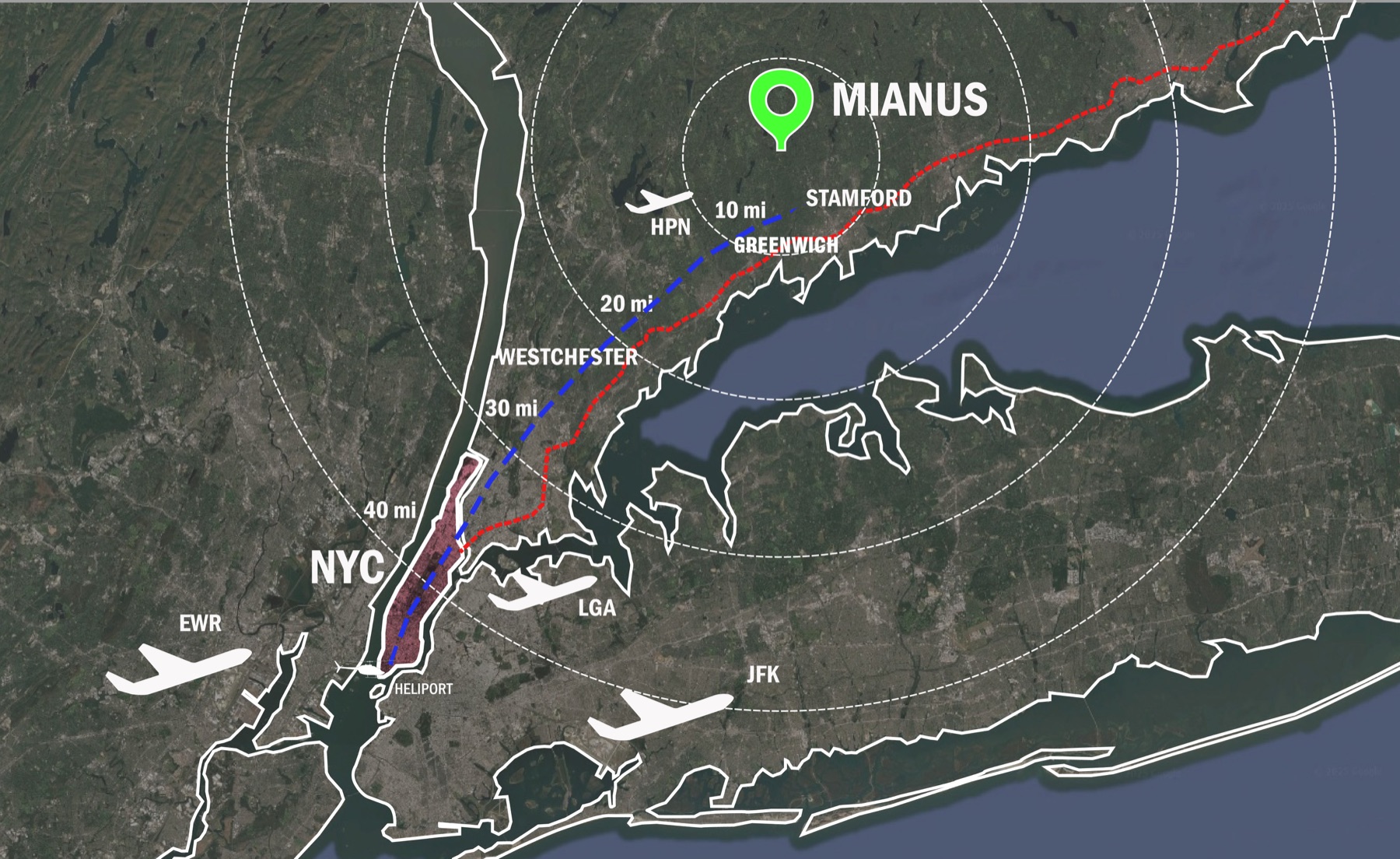 Map showing Mianusphere's position between New York City, Greenwich, Stamford and Westchester County Airport
