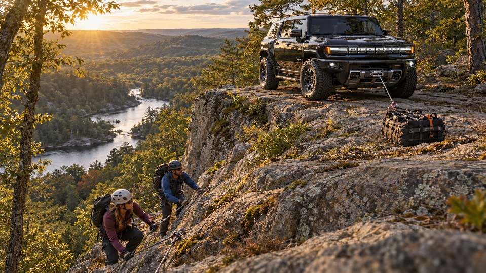 A HUMMER EV on a rocky ridge above the Mianus River